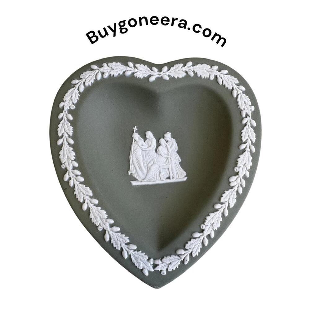 Vintage Sage Green Wedgewood Jasperware Heart Shaped Trinket Dish.